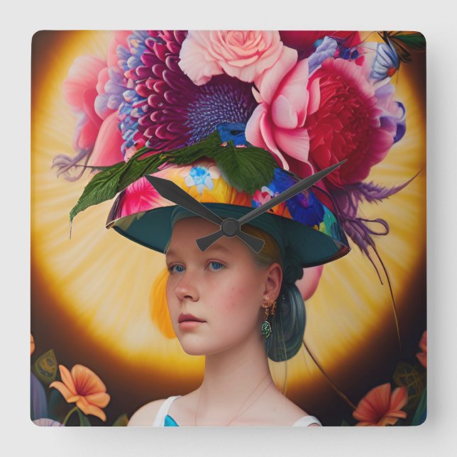 A dam med blommigt sol hat fyrkantig klocka (Framsida)