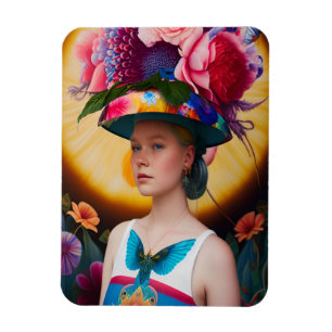 A dam med blommigt sol hat magnet