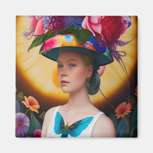 A dam med blommigt sol hat magnet