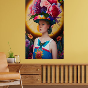 A dam med blommigt sol hat poster