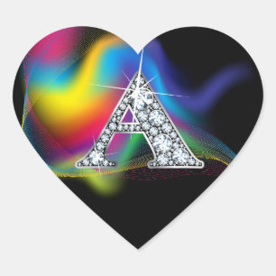 "A" Diamond Bling på Rainbow Swirl Heart Sticker Hjärtformat Klistermärke