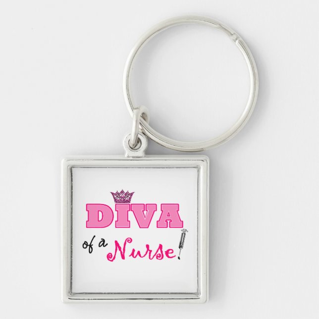 "A Diva of a Nurse" Keychain Fyrkantig Silverfärgad Nyckelring (Framsidan)