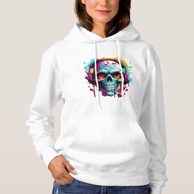 A DJ POP ART SKULL Hoodie T Shirt (Framsida)