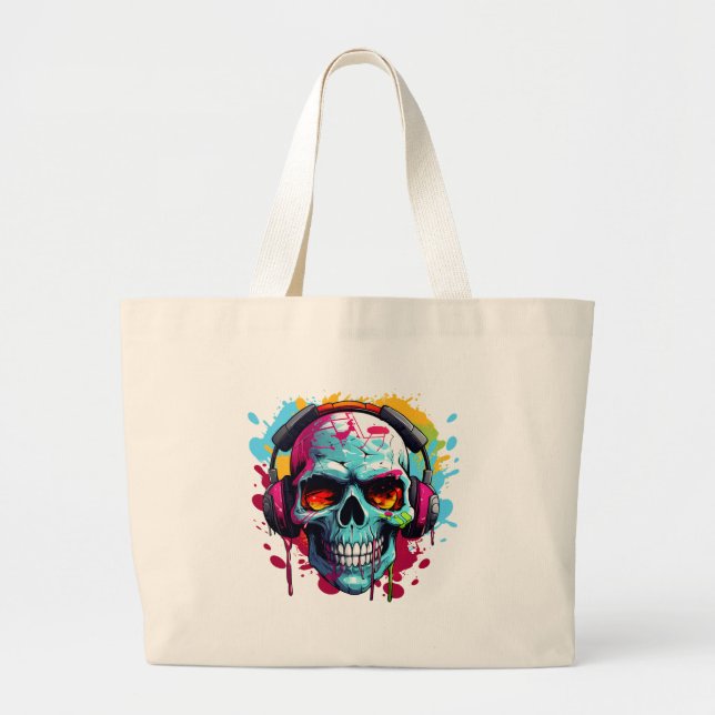 A DJ POP ART SKULL Large Tote Bag Jumbo Tygkasse (Framsidan)