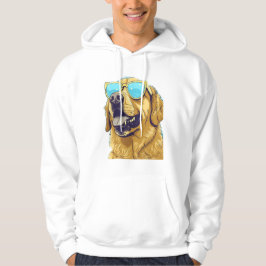 A dog with sungasses hoodie