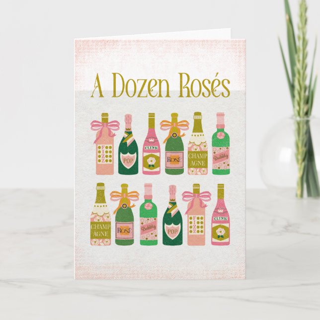 A Dozen Rosés Rosa Champagne Flaskor Vin Pub Anteckningskort (Framsida)