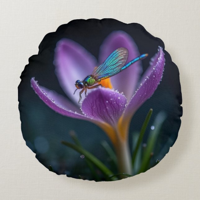 A dragonfly on a crocus flower rund kudde (Framsidan)