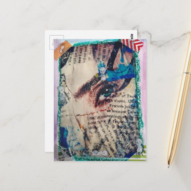 A face abstract mixed media collage vykort (Fram/Back In Situ)