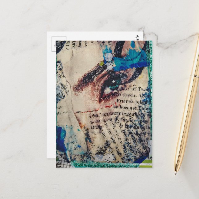 A face and words abstract friends joke collage vykort (Fram/Back In Situ)