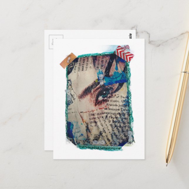 A face and words abstract mixed media collage vykort (Fram/Back In Situ)