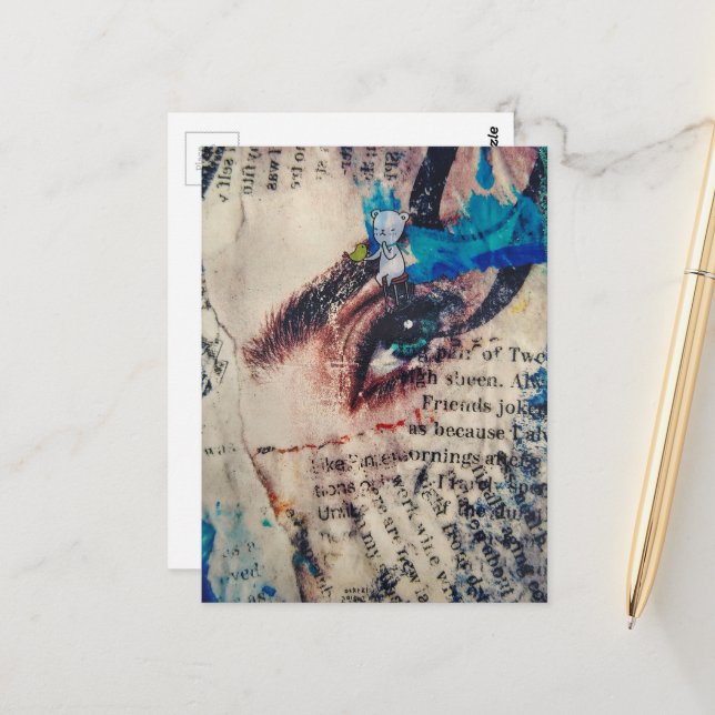 A face and words abstract mixed media collage vykort (Fram/Back In Situ)