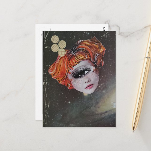 A face in space mixed media collage vykort (Fram/Back In Situ)