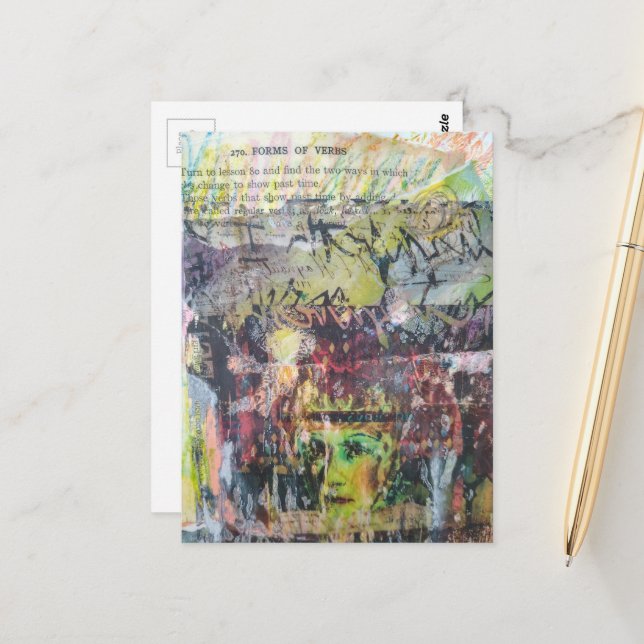 A face mixed media collage forms of verbs vykort (Fram/Back In Situ)