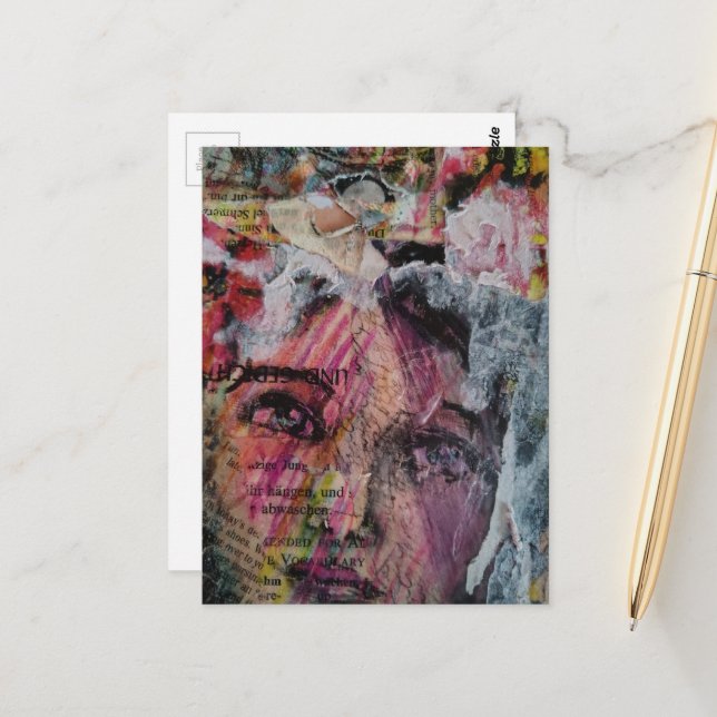 A face mixed media collage vykort (Fram/Back In Situ)