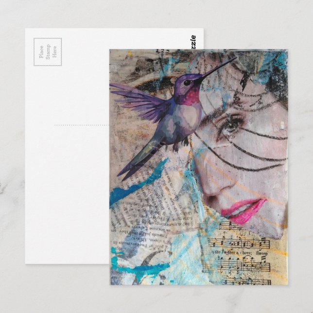 A Face n Hummingbird Abstract Mixed Media Collage Vykort (Fram/baksida)