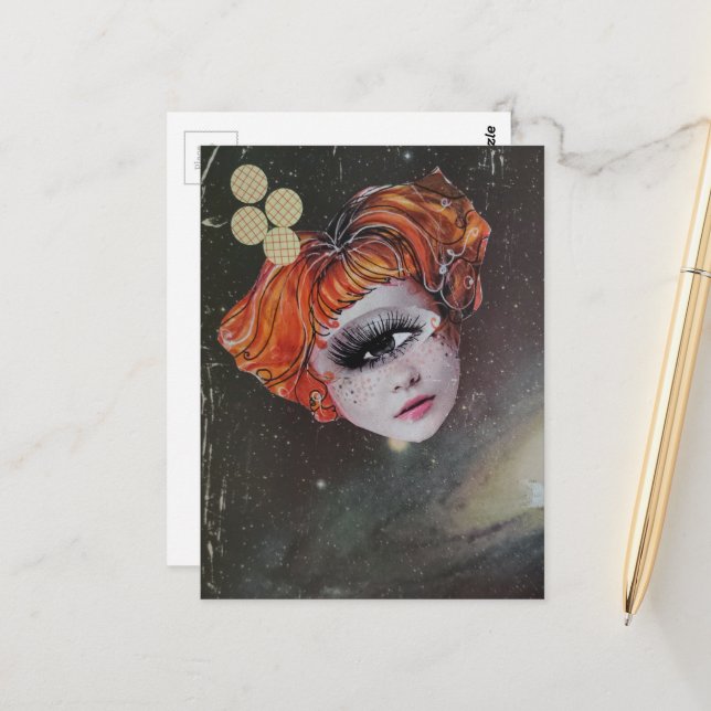 A face with single eye space mixed media collage vykort (Fram/Back In Situ)