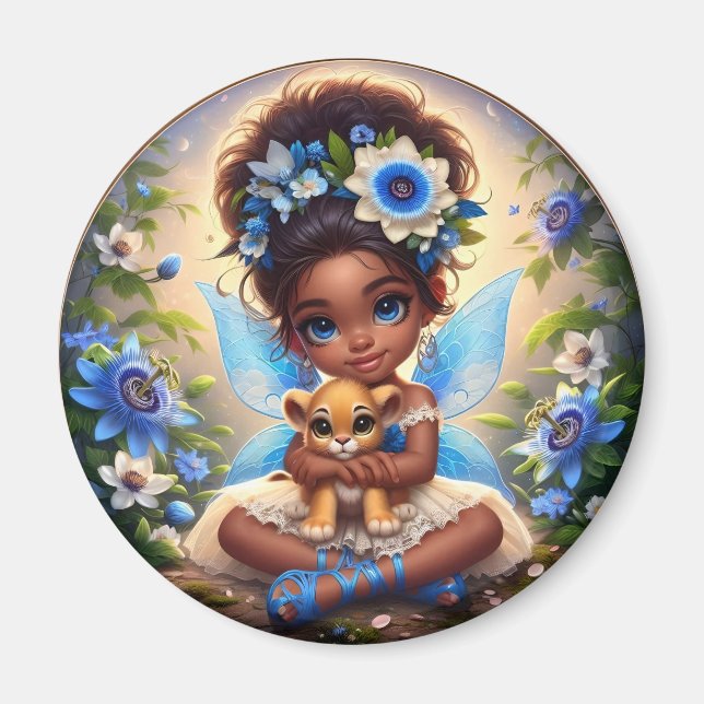 A Fairy och hennes Lejona Unge Blue-magnet Magnet (Framsidan)