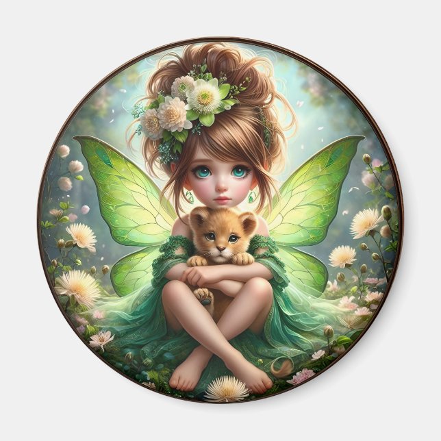 A Fairy och hennes Lejona Unge - Grönt Magnet (Framsidan)
