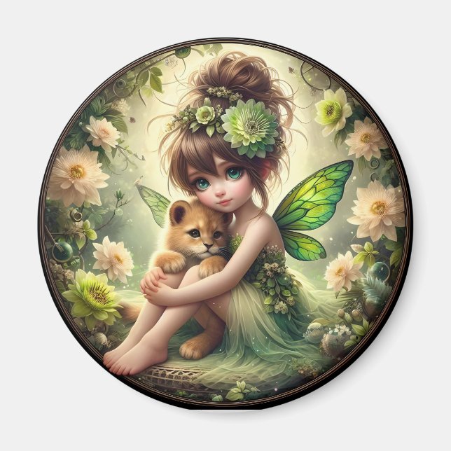 A Fairy och hennes Lejona Unge - Grönt Magnet (Framsidan)