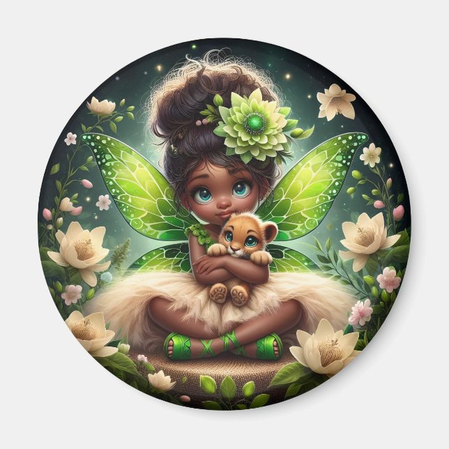 A Fairy och hennes Lejona Unge - Grönt - Magnet (Framsidan)