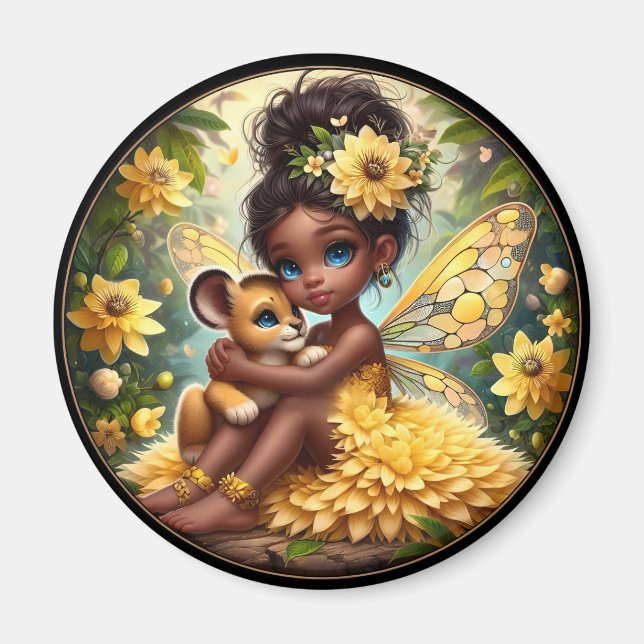 A Fairy och hennes Lejona Unge - Gult - Magnet (Framsidan)