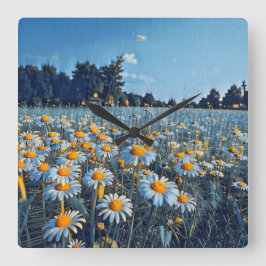 A fält fullt av blomningskameror fyrkantig klocka