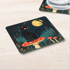 A Familiar Black Cat And Toadstools Halloween 3 Underlägg Papper Kvadrat