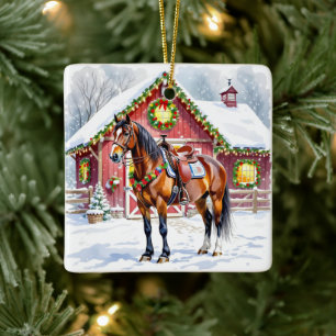 A Festive Brown Horse and Winter Barn-jul Julgransprydnad Keramik