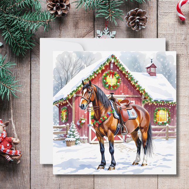 A Festive Brown Horse and Winter Barn-jul Kort (Skapare uppladdad)