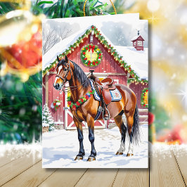 A Festive Brown Horse and Winter Barn-jul Kort