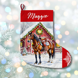 A Festive Brown Horse and Winter Barn-jul Stor Julstrumpa