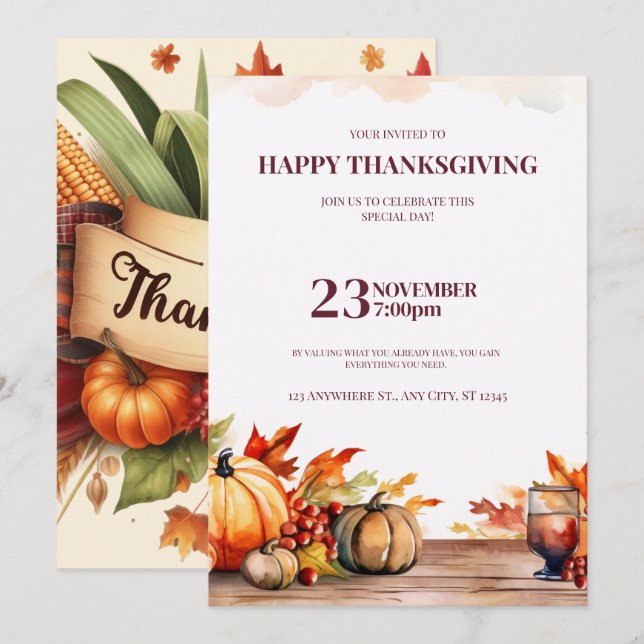 A FESTIVE THANKSGIVING INVITATION WITH A PUMPKIN  INBJUDNINGAR (Fram/baksida)