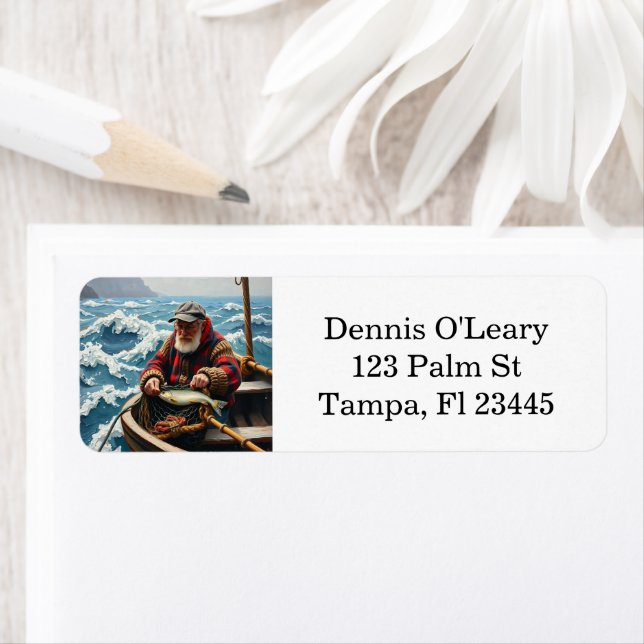 A Fisherman on a Boat in the Ocean Returadress Etikett (Insitu)