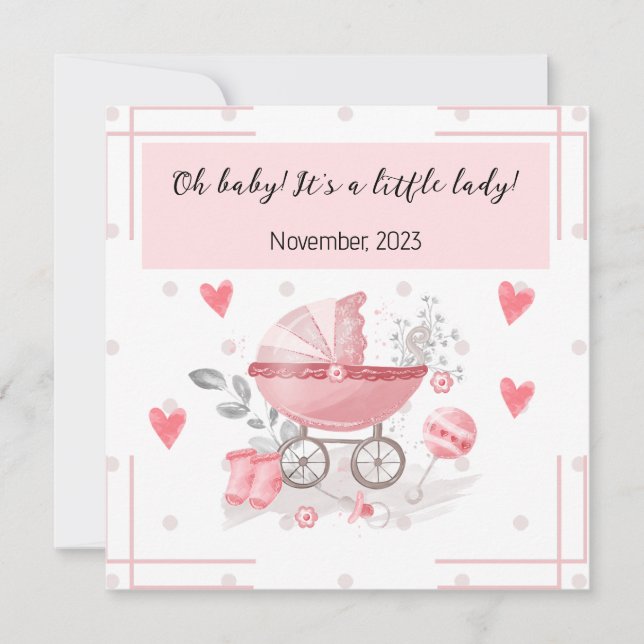 A flicka barnvagn & hjärta med vackra budskap inbjudningar (Framsida)