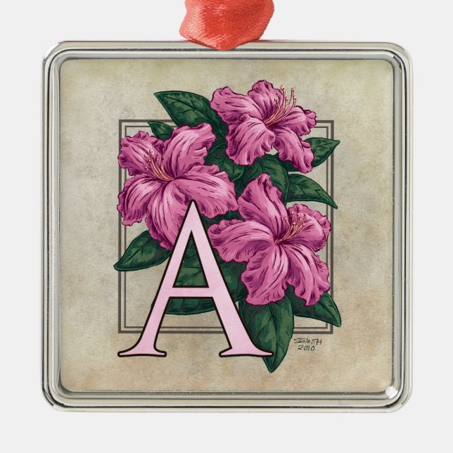 A för Azalea Flower Monogram Square Prem Ornament (Framsidan)