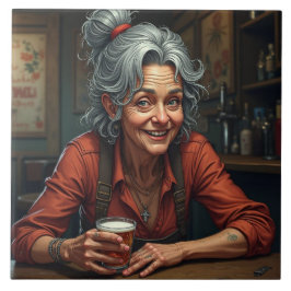 A Funny Comic Older Woman at Bar with Beer Kakelplatta