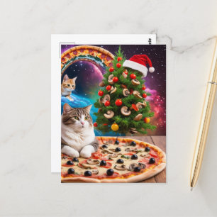 A Funny Santa Hat Julgran Pizza Cats Vykort