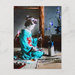 A Geisha Arrange Iris Flowers Vintage Old Japan Vykort