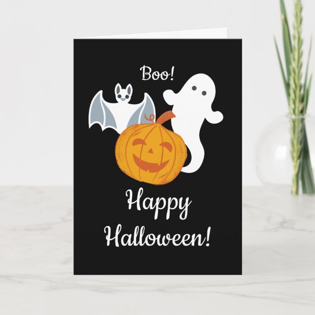 A Ghost, A Fladdermus och A Pumpkin Halloween Kort (Framsida)
