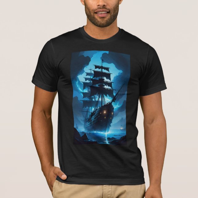 a ghost ship, a pirate ship, a foggy ship, the Fly T Shirt (Framsida)