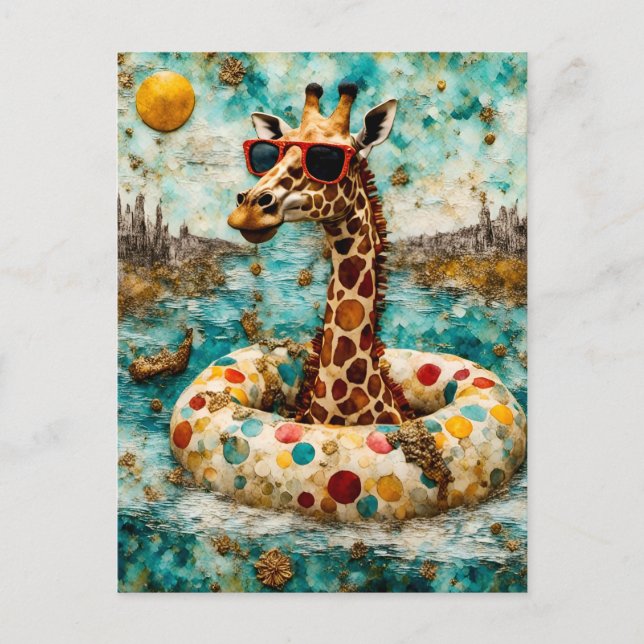 A Giraffe on Vacation in a Flytande Donut Vykort (Framsida)