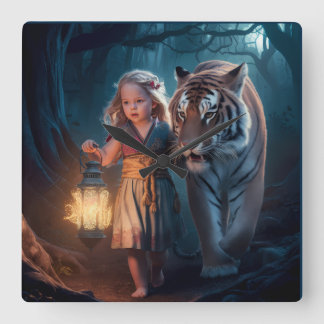 A girl and a tiger Clock Fyrkantig Klocka