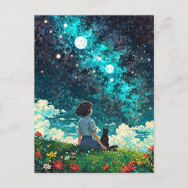 a girl and her cat sit together on a flower field vykort