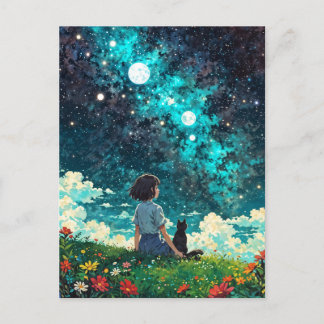 a girl and her cat sit together on a flower field vykort