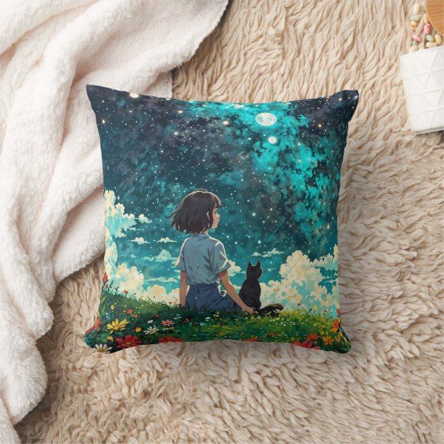 A girl and her cat sit together on flowers field kudde (Filt)