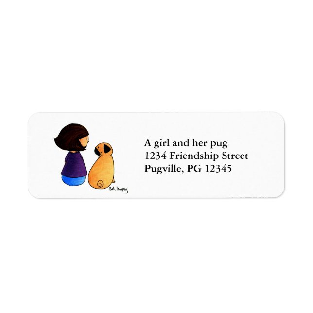 A Girl and Her Pug (brunettversion) Returadress Etikett (Framsidan)