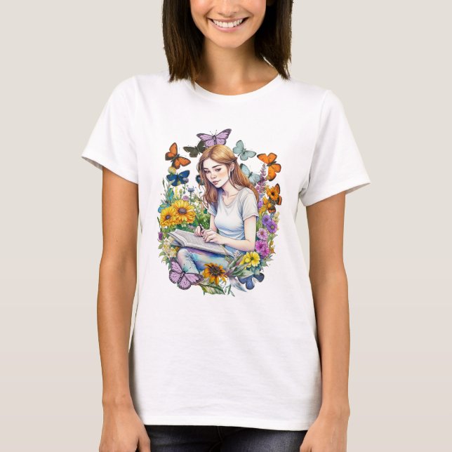 A Girl, Journal, Butterflies and Flowers T Shirt (Framsida)