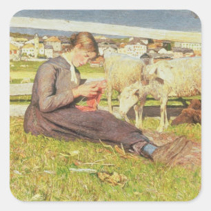 A Girl Knitting, 1888 (olja på canvas) Fyrkantigt Klistermärke