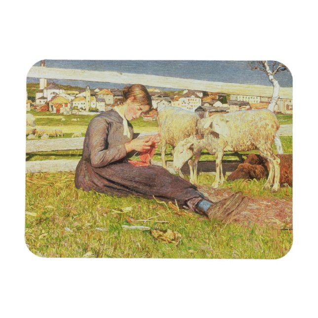 A Girl Knitting, 1888 (olja på canvas) Magnet (Horisontell)