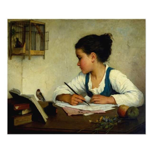 A Girl Writing, Pet Goldfinch av Henriette Browne Fototryck (Framsidan)